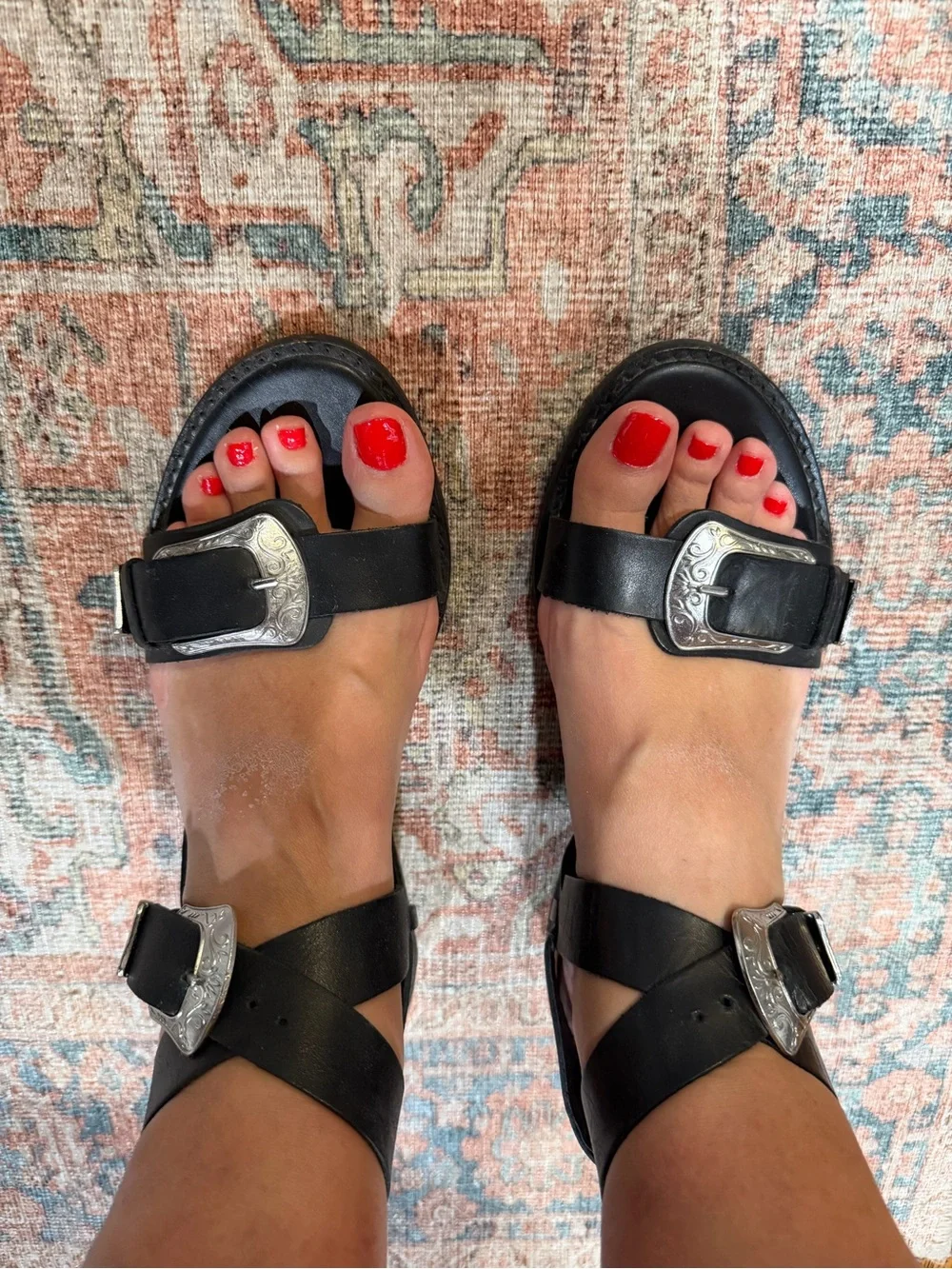 Zara Black Leather Sandals with Silver Buckles
